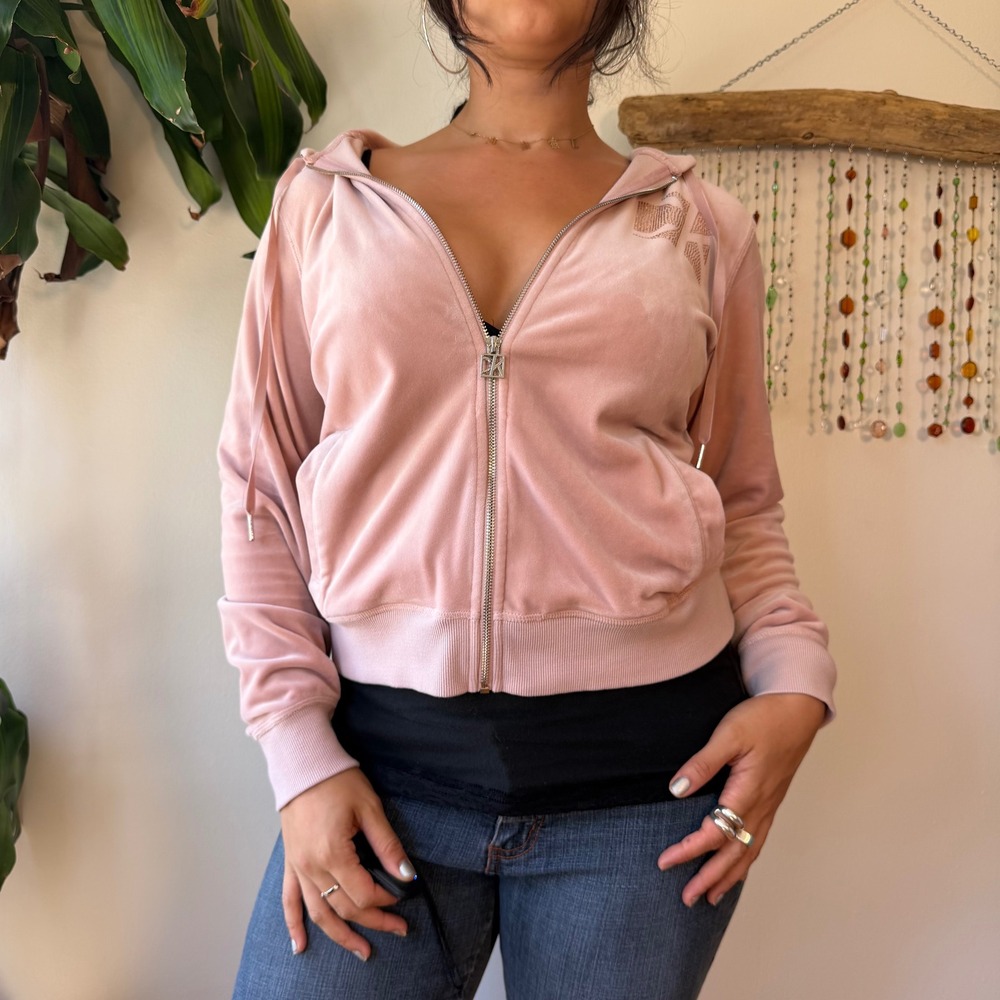 Calvin Klein Pink Velour Rhinestone Logo Full Zip Hoodie Y2K Mcbling Tuscan